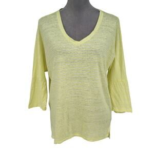 Chicos Top 2 Womens Large Yellow White Stripe Slub Knit Vneck T-shirt Semi Sheer